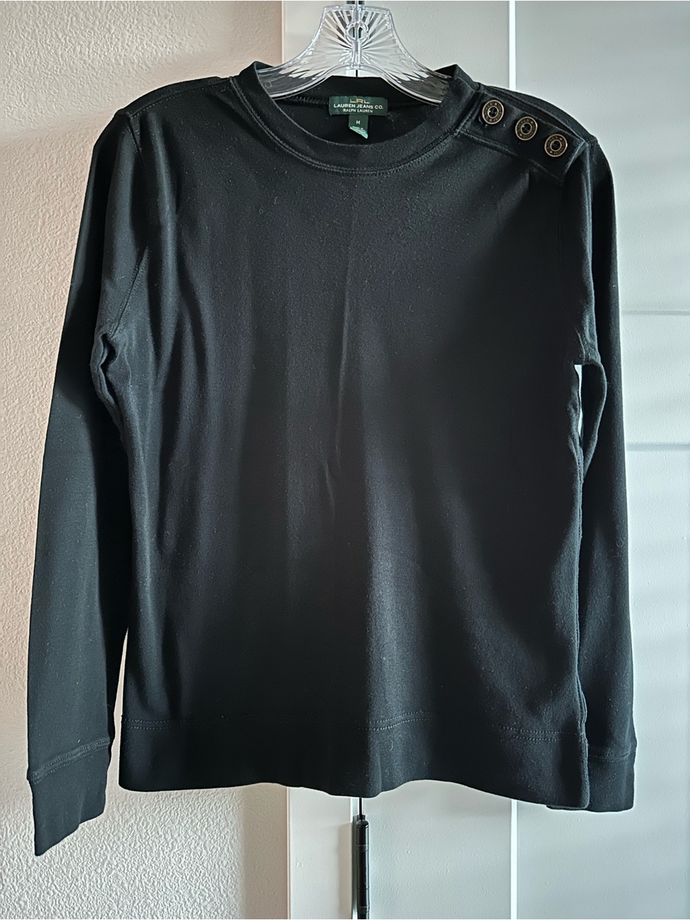 Ralph Lauren Black Long-Sleeve Crewneck Sweater with Shoulder Buttons size M